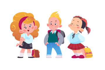 Happy school kids group with backpacks having fun together. Students characters in uniform smiling, jumping. Vector flat cartoon illustration. For ads, banners, packaging.