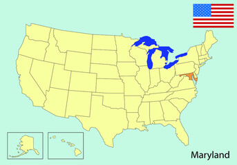 USA map with states, Maryland, vector illustration 