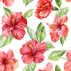 Watercolor hibiscus. Tropical flowers on an isolated background Seamless pattern