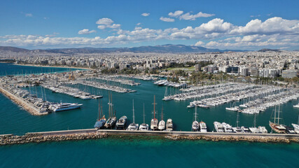 Aerial drone photo of beautiful Marina of Alimos with many luxury yachts and sail boats anchored, Athens riviera, Attica, Greece