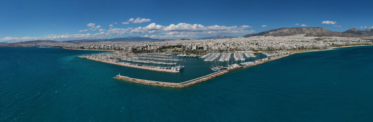 Fototapeta premium Aerial drone photo of beautiful Marina of Alimos with many luxury yachts and sail boats anchored, Athens riviera, Attica, Greece