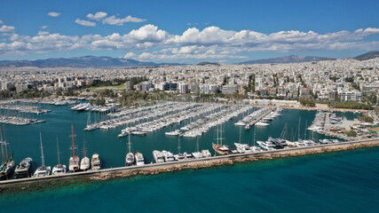 Aerial drone photo of beautiful Marina of Alimos with many luxury yachts and sail boats anchored, Athens riviera, Attica, Greece