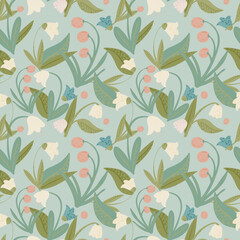 Bluebells seamless pattern on light blue background. Scandinavian texture with lily, bluebell and leaves.