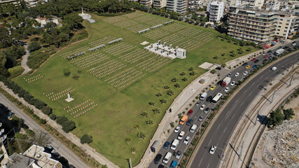 Fototapeta premium Aerial drone photo of War cemetery of fallen soldiers Commonwealth of the conquest of Greece by the Germans in 1941, Alimos, Athens, Greece