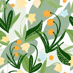 Bluebells seamless pattern on white background. Retro texture fabric with lily, bluebell and leaves .
