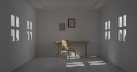 3d render interior room. minimal style design. working desk. home interior design. template for website, wallpaper, and mockup.
