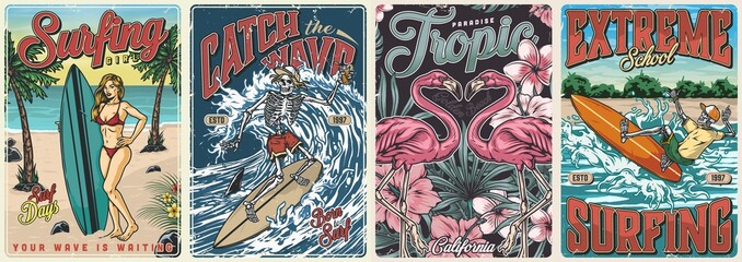 Surfing vintage colorful posters set