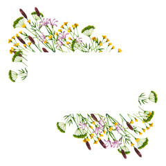 Fototapeta premium Geometric frame with watercolor wildflowers. Hand drawn illustration is isolated on white. Flowers composition is perfect for natural design, greeting card, wedding invitation, floral logo, poster