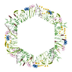 Obraz premium Geometric frame with watercolor wildflowers. Hand drawn illustration is isolated on white. Flowers border is perfect for natural design, greeting card, wedding invitation, floral logo, label