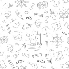 Seamless pattern for pirate party outline. cartoon style. Colorful sea elements. Template for wallpaper, wrapping, textile, fabric. White background.