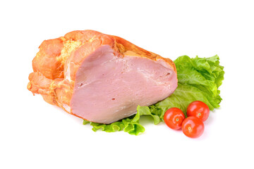 Smoked meat in a large piece on top with cherry tomatoes. Isolated on a white background.clipping path.