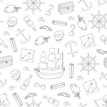 Seamless pattern for pirate party outline. cartoon style. Colorful sea elements. Template for wallpaper, wrapping, textile, fabric. White background.