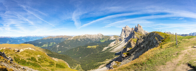 Panorama on Seceda peak. Dolomites Alps, South Tyrol, Italy