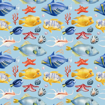 Tropical fish, coral, seashells, seahorse and fish on an isolated background. Watercolor illustration, seamless pattern