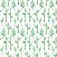 Bamboo watercolor hand drawn semless pattern. Branches and leaves tropics greenery