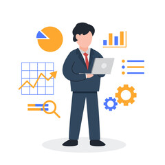 Businessman analyzing information with a laptop. The creative concept idea of business data analysis and marketing. Simple trendy cute vector illustration. Modern and minimal flat style graphic icon.
