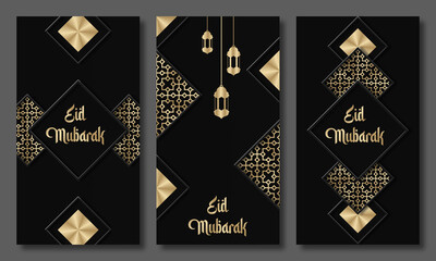 Eid mubarak greeting cards set. Eid holiday invitations templates collection with gold lettering. Vector illustration