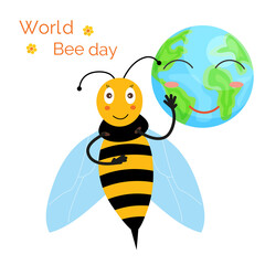 World Bee Day. A smiling honey bee with a happy planet