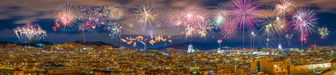 Fireworks panorama of Barcelona in Spain