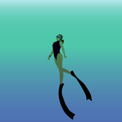 Girl freediver underwater.  Vector illustration.