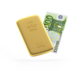 Gold bar and one hundred euro banknote isolated on white background. 3D illustration 