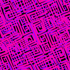 Neon vector seamless abstract pattern with swirling pink and purple bands of different thickness on a black background.