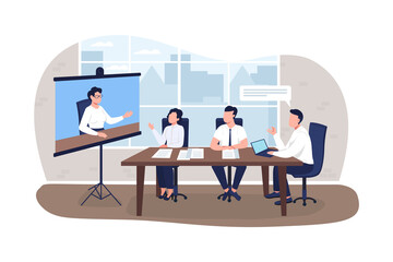 Business meeting 2D vector web banner, poster. Projector screen with instructor. Businesspeople training flat characters on cartoon background. Office printable patch, colorful web element