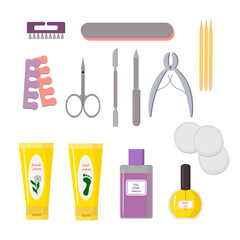 Set of tools for manicure. Nail files, hand and foot cream, oil and nail polish remover. For use in nail salon logos, flyers, icons, product packaging and various designs. Vector illustration isolated