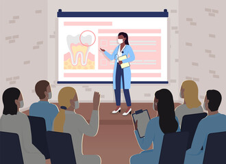 Seminar on dentistry flat color vector illustration. Presentation on dental medicine. Doctors on congress. Healthcare professional on training 2D cartoon characters with office interior on background