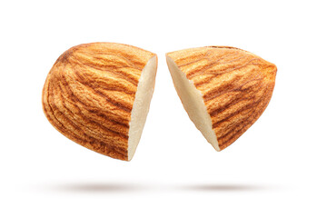 Flying cut almond isolated on white background    
