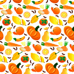 Pattern with yellow and orange vegetables and fruits. Pepper and pumpkin, lemon , onion, persimmon. Vector illustration. For use in packaging design, wrapping paper, fabric prints, childrens clothing