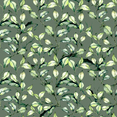 Hand drawn background with green watercolour leaves and grass. Seamless floral watercolor painted pattern