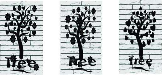 tree on a brick wall black and white