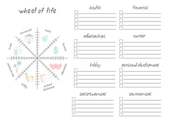 Vector illustration with Wheel of Life - diagram with blank lines to fill. Printable A4 paper sheet for coaching tool, bullet journal page, daily planner template, blank for notebook