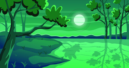 Illustration of trees, sky, lake. Beautiful night landscape.