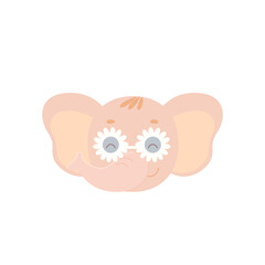 Cute funny elephant face with flower-shaped glasses.The head of a fictional animal character in a summer image.Vector illustration isolated on a white background for kids designs and prints