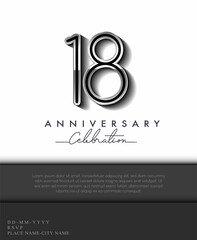 18 Years Anniversary Invitation and Greeting Card Silver Colored with Flat Design and Elegant, Isolated on white Background. Vector illustration.