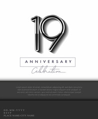 19 Years Anniversary Invitation and Greeting Card Silver Colored with Flat Design and Elegant, Isolated on white Background. Vector illustration.