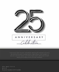 25 Years Anniversary Invitation and Greeting Card Silver Colored with Flat Design and Elegant, Isolated on white Background. Vector illustration.