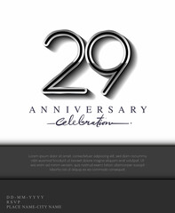 29 Years Anniversary Invitation and Greeting Card Silver Colored with Flat Design and Elegant, Isolated on white Background. Vector illustration.