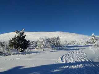 ski track in the mountains with sun and blue sky