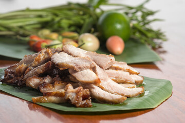 Grilled pork neck with spicy Thai spicy sauce. Street food thailand.