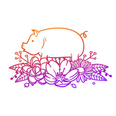 Pig Rose Flower with Vintage Animal Design. Farm Floral frame ornament vector style. Decoration Design Wreath illustration.