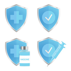 Obraz premium Antimicrobial, resistant badge, symbol of protection. Blue, glossy shield with silver trim. Medical disposable syringe, vaccine vial and shield. Injection tool for Covid-19 immunization treatment