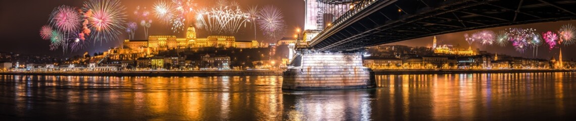 Naklejka premium Fireworks display at the Royal palace of Buda and the Chain Bridge in Budapest, New Year Eve panorama 