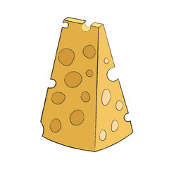 Beautiful triangular piece of yellow hard cheese with large round holes. Linear flat food icon with filling. Illustration for cookbook, icon for farm shop website with homemade food. logo, sticker
