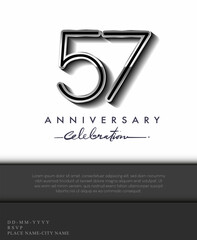 57 Years Anniversary Invitation and Greeting Card Silver Colored with Flat Design and Elegant, Isolated on white Background. Vector illustration.