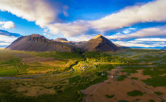 Aerial view of mountains above the village of Akranes in western Iceland