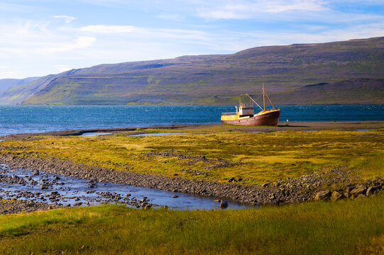 An old ship wreck on the northern coast of Iceland in the Westfjords region