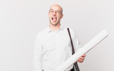 architect with cheerful, carefree, rebellious attitude, joking and sticking tongue out, having fun